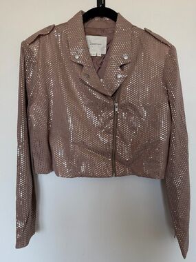 Anthropologie Taupe Sequin Cropped Moto Jacket